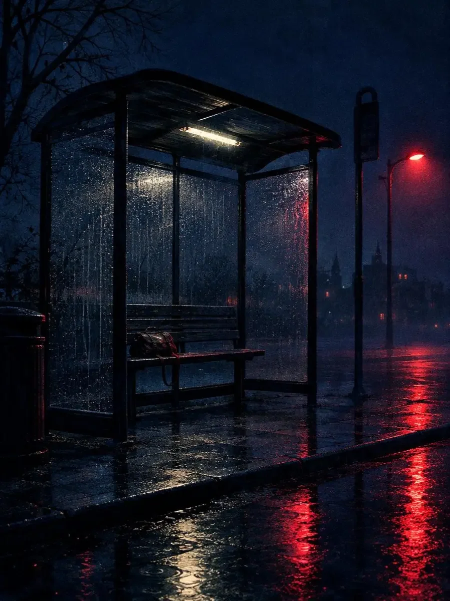 雨夜老式候车亭灯光闪烁与遗忘的布袋的悬疑剧集封面