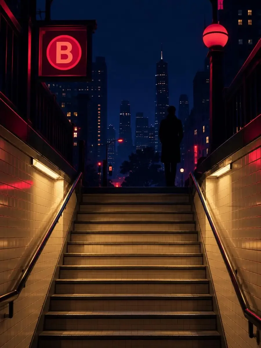夜间地铁B出口奶油色阶梯与一位神秘站立身影的剧集封面