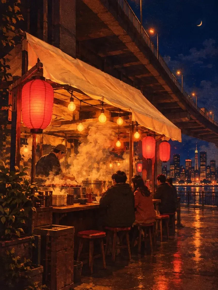 立交桥下暖黄灯光的深夜煎饼摊与伞棚白布的剧集封面